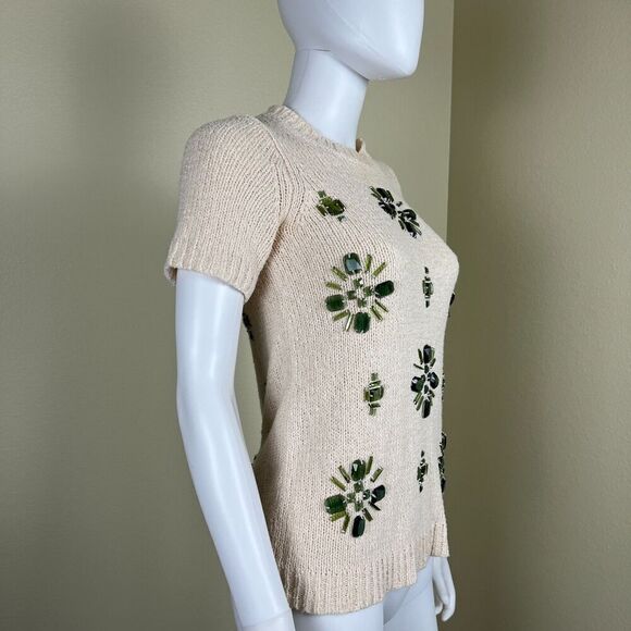 J. Crew Women's Size XXS Cream Linen Jeweled Medallion Knit Crewneck Sweater Top - Picture 5 of 13